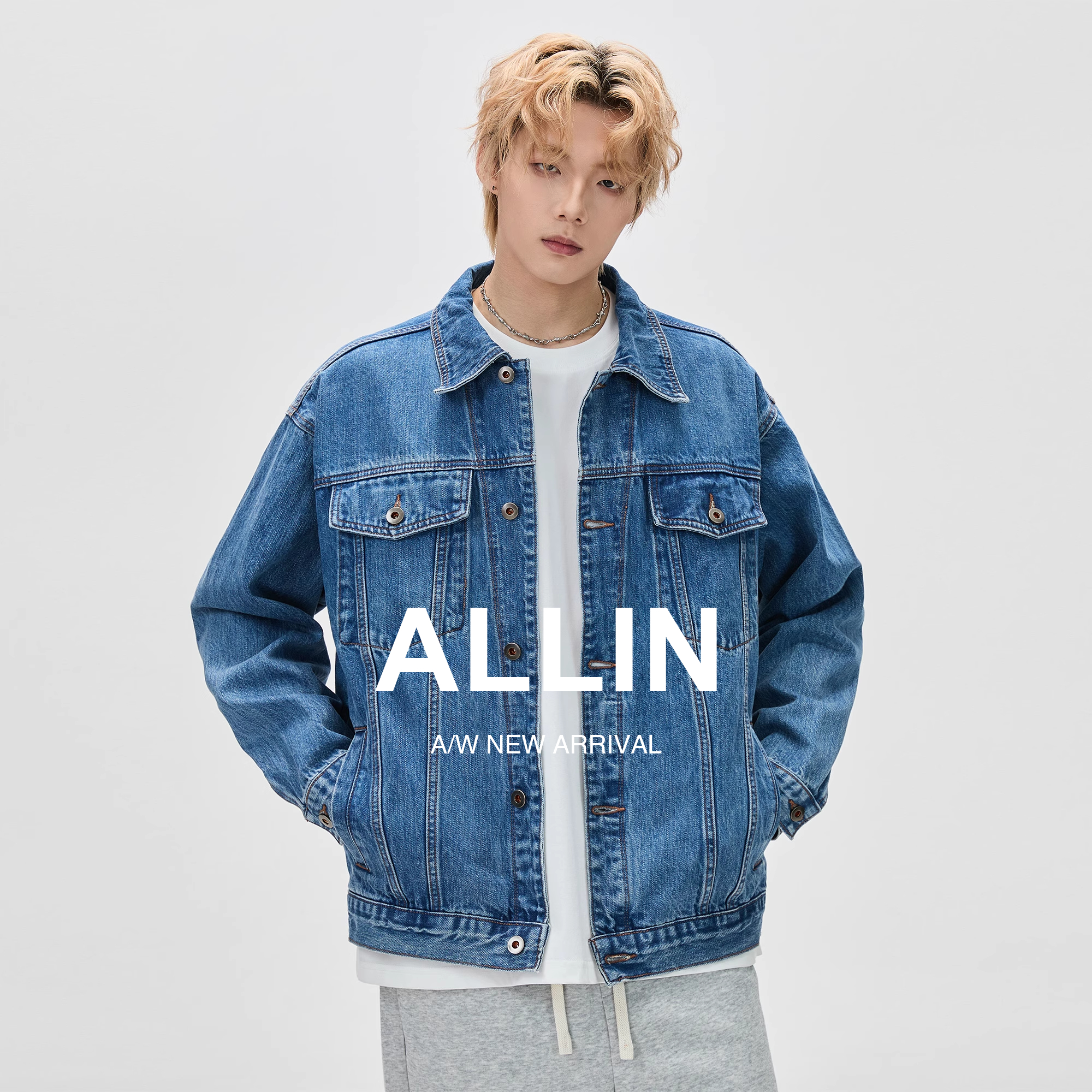 ALLIN 纯棉牛仔外套男秋冬季潮牌宽松cleanfit翻领牛仔衣情侣夹克
