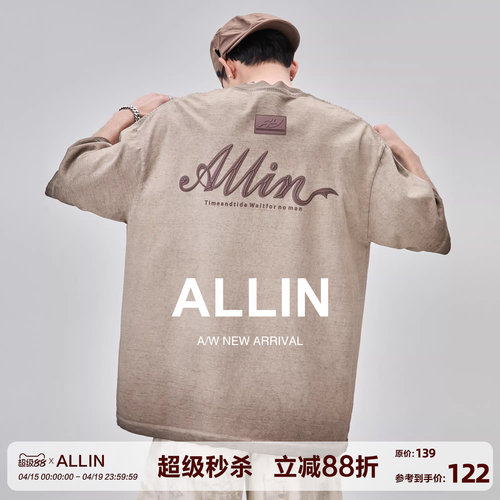 ALLIN 纯棉重磅短袖t恤男款夏季美式潮牌立体印花情侣半截袖上衣