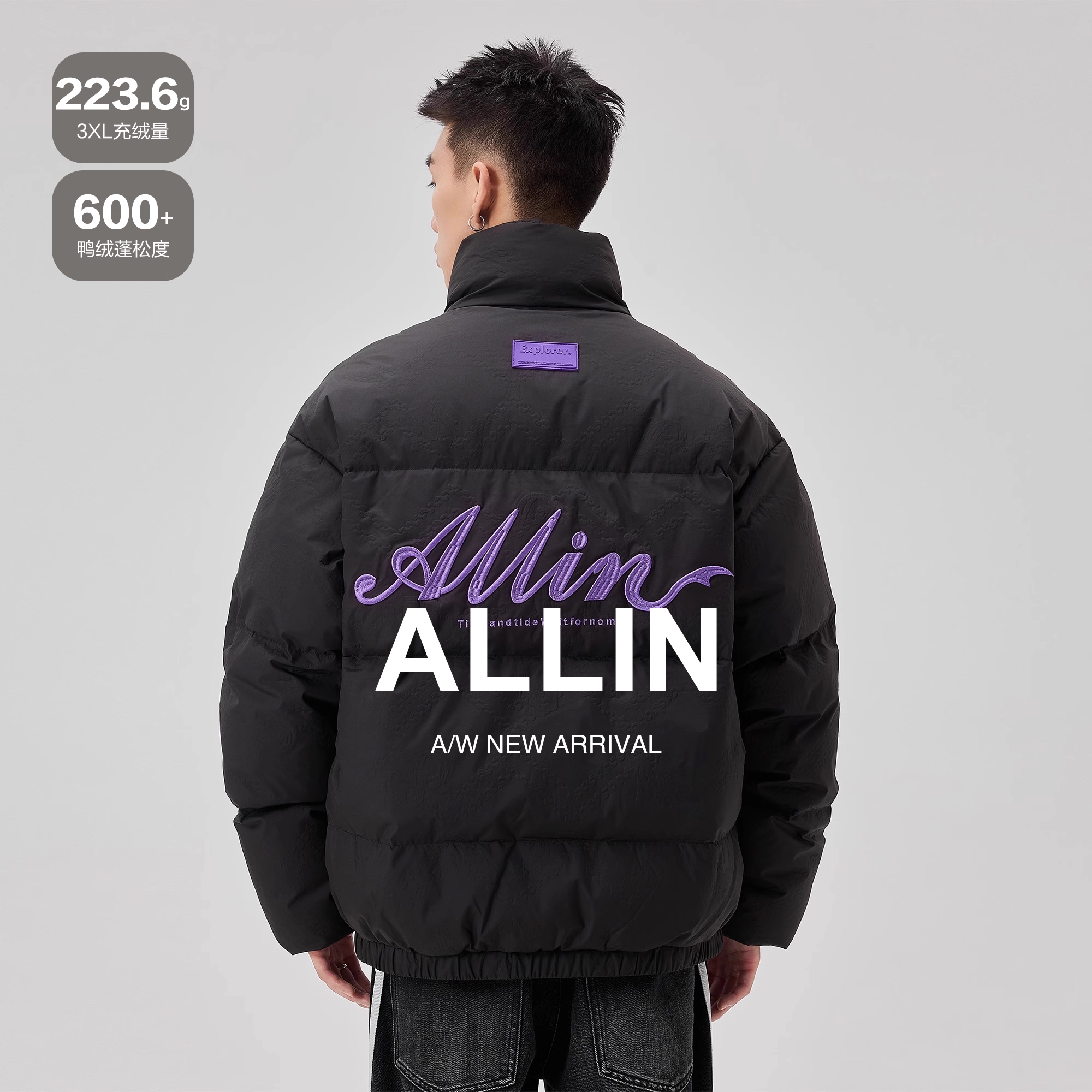 ALLIN 黑色羽绒服男冬季字母刺绣短款面包服加厚保暖情侣立领外套