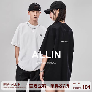 潮牌半袖 ALLIN 字母刺绣情侣体恤美式 T恤男夏季 上衣 重磅纯棉短袖