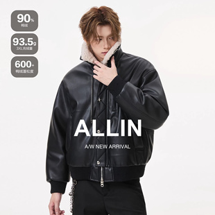 ALLIN 羊羔绒毛翻领皮衣夹克羽绒服男生冬季保暖防风机车情侣外套