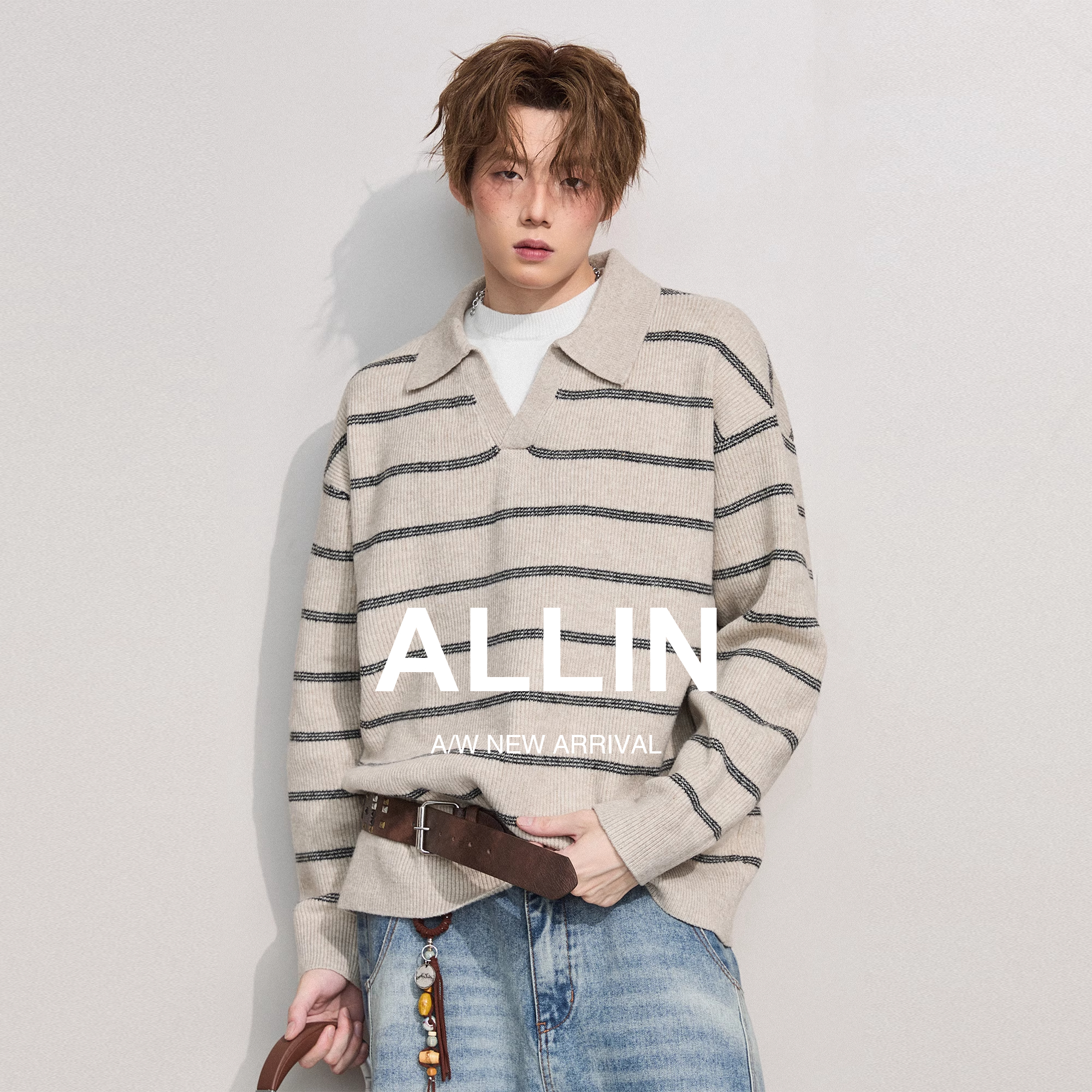 ALLIN 假两件条纹POLO翻领毛衣男秋冬情侣慵懒风含羊毛针织衫外套