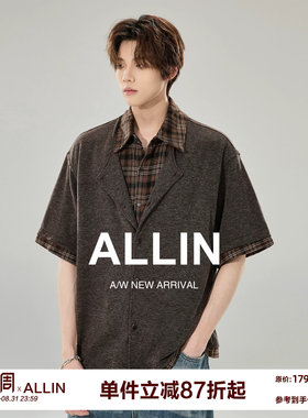 ALLIN 假两件仿兔毛针织短袖衬衫男女夏季透气格子纹翻领拼接衬衣