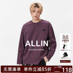 百搭宽松内搭情侣圆领纯色上衣 T恤男秋季 ALLIN 重磅刺绣落肩长袖