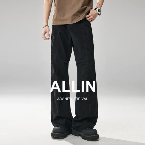 ALLIN 黑色拼接解构微喇牛仔裤男士夏季2021M版型阔腿休闲长裤子