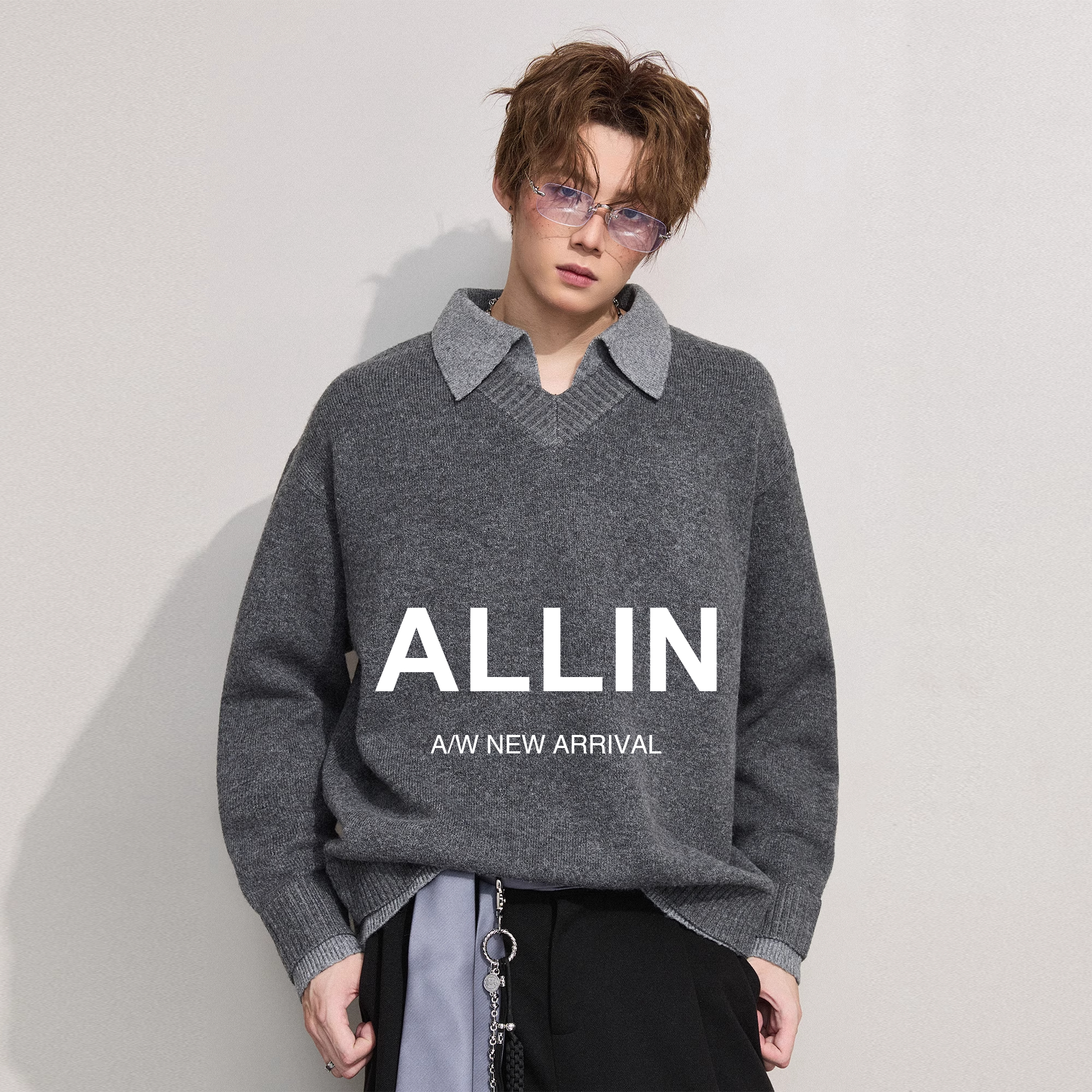 ALLIN 假两件灰色毛衣男秋冬季拼接翻领针织衫慵懒风通勤情侣外套