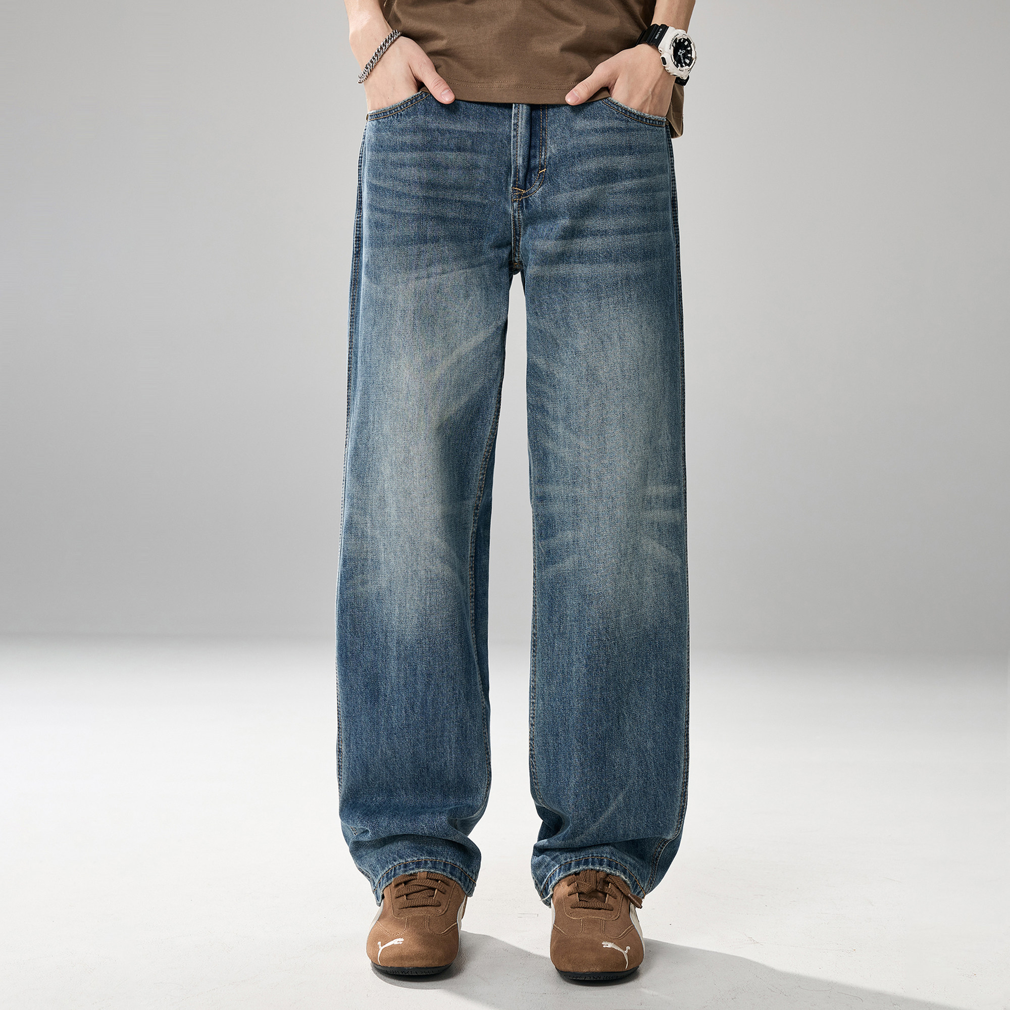ALLIN 美式复古蓝色水洗牛仔裤男士春秋宽松直筒弯刀裤微喇长裤子