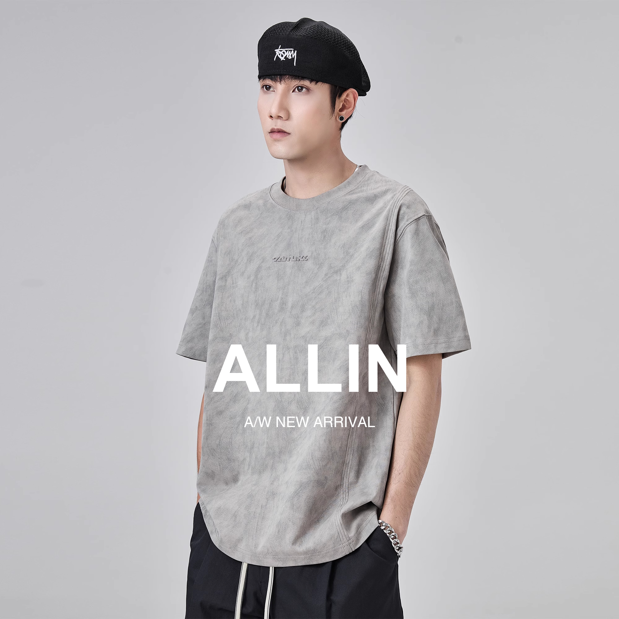 ALLIN 短袖t恤男夏季美式潮牌高街重磅青少年宽松休闲半袖体恤衫