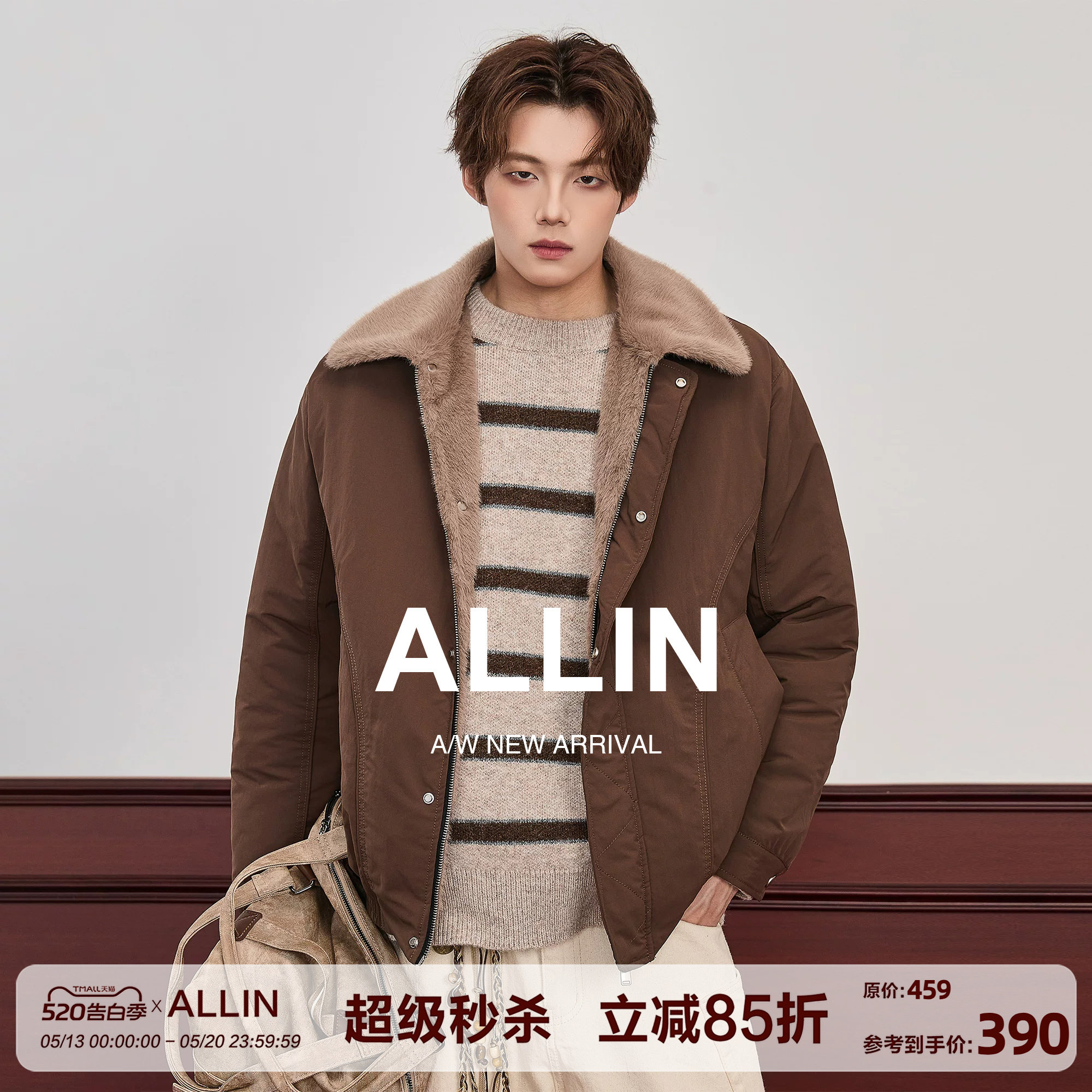 ALLIN 座山雕翻领外套男冬季仿貂毛加厚保暖情侣毛领工装宽松夹