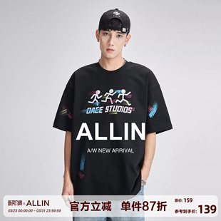 t恤男重磅字母印花潮牌半袖 ALLIN 街头休闲黑色短袖 美式 上衣 夏季