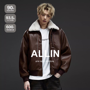 ALLIN 羊羔绒领拼接皮衣羽绒服外套男冬季保暖防风机车情侣皮夹克