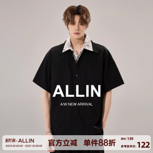 男夏季 衬衫 松弛老钱风衬衣碎花翻领拼接上衣 慵懒假两件短袖 ALLIN