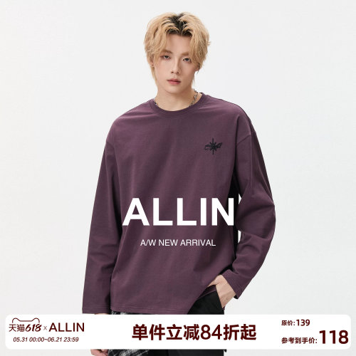 ALLIN 重磅刺绣落肩长袖T恤男春秋百搭宽松内搭情侣圆领纯色上衣