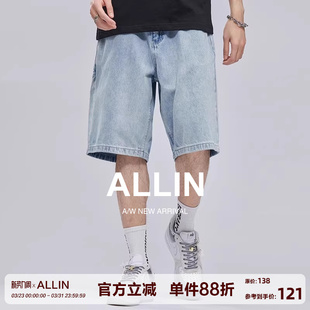 男士 高街浅蓝色牛仔短裤 夏季 薄款 子 ALLIN 潮牌直筒宽松五分裤 美式