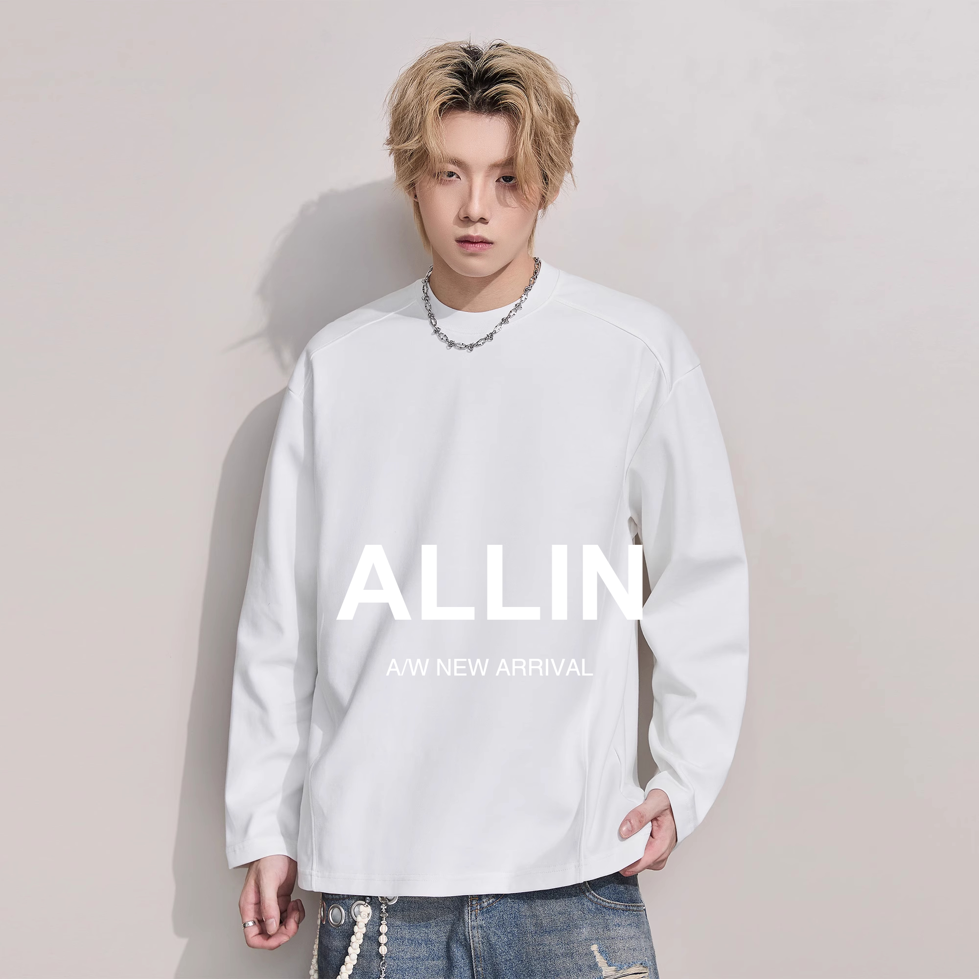 ALLIN 重磅白色长袖T恤男秋冬圆领内搭宽松打底衫落肩袖百搭上衣