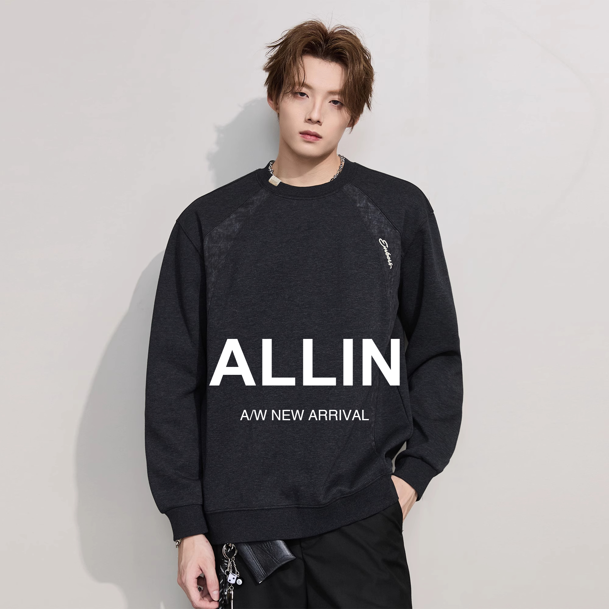 ALLIN 情侣风字母刺绣卫衣男生秋冬季重磅落肩袖宽松拼接撞色外套