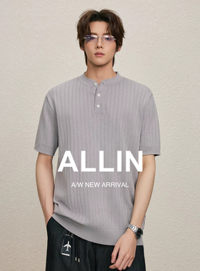 ALLIN 情侣潮牌亨利领针织短袖T恤夏季老钱风宽松百搭浅灰色上衣