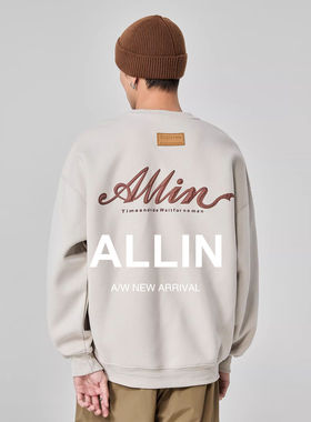 ALLIN 无帽圆领卫衣男秋冬美式潮牌重磅字母印花情侣长袖打底上衣