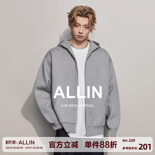 ALLIN 毛衣男春秋纯色宽松廓形连帽百搭休闲情侣外套 灰色针织开衫