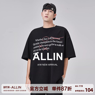 潮牌情侣字母印花重磅纯棉黑色半袖 ALLIN t恤男夏季 短袖 上衣 美式