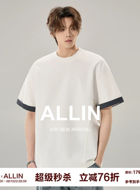 ALLIN 曼巴棉白色短袖T恤男生夏季袖口拼接体恤情侣260g重磅上衣