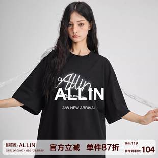 黑色短袖 半袖 t恤男女同款 纯棉重磅体恤情侣装 印花上衣 夏季 ALLIN