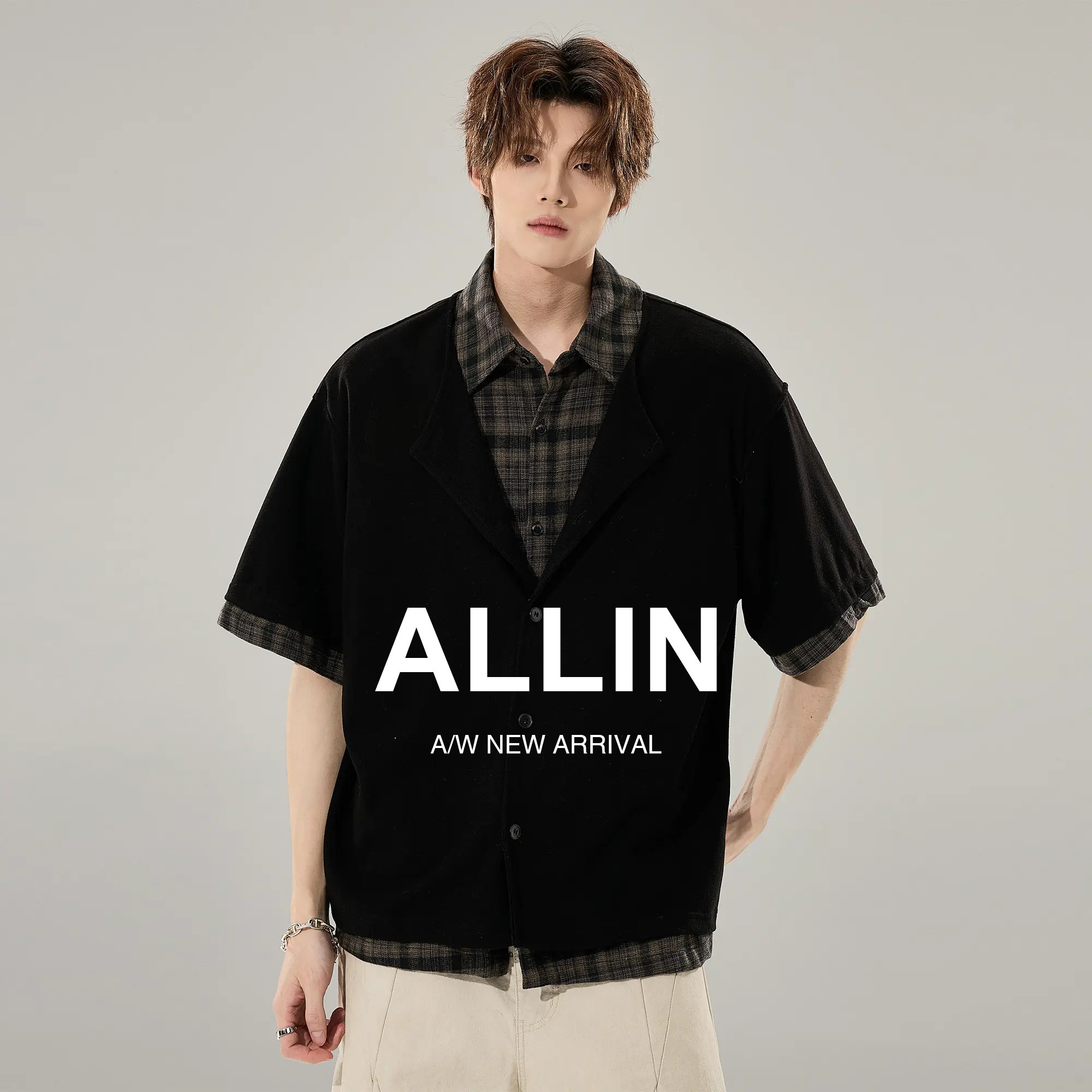 ALLIN 假两件老钱风短袖衬衫男夏季透气针织开衫格子翻领拼接衬衣