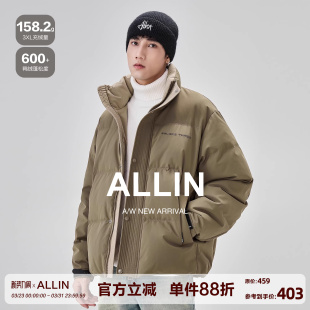 外套 保暖简约面包服鸭绒情侣短款 ALLIN 潮牌无帽立领羽绒服男冬季
