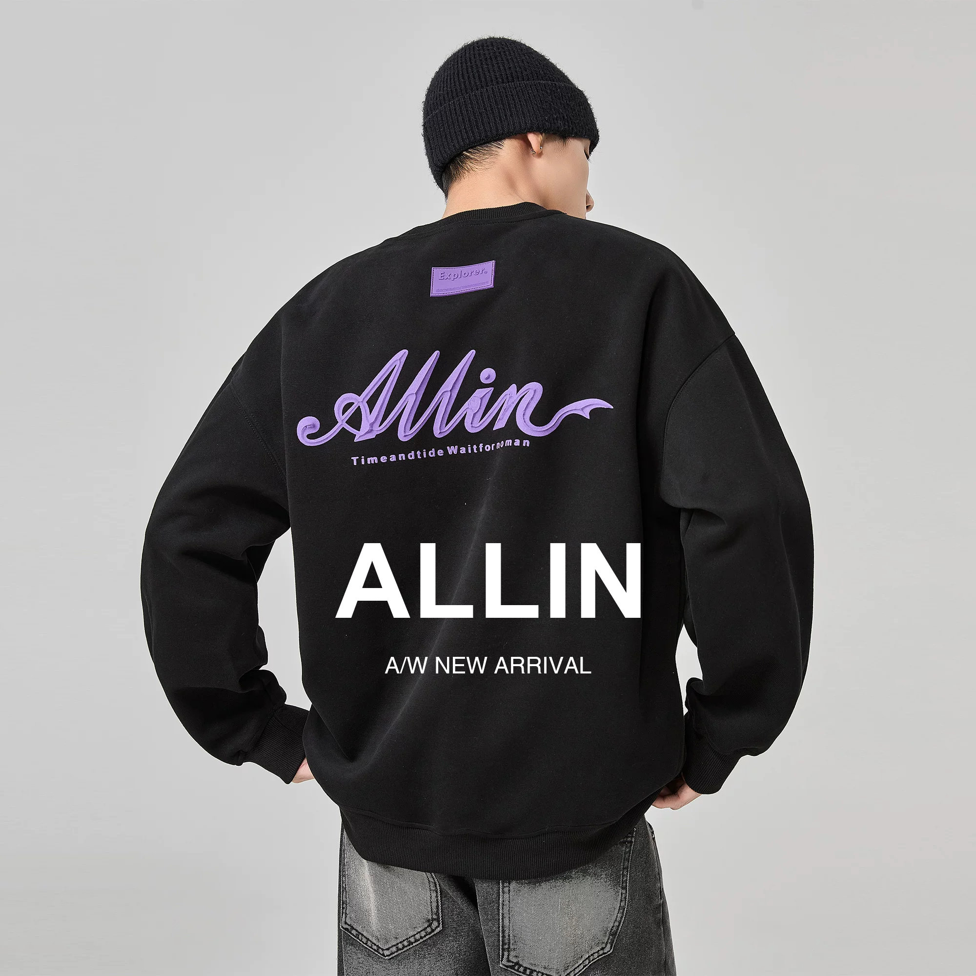 ALLIN 黑色重磅卫衣男春秋字母印花圆领套头宽松百搭潮牌情侣上衣