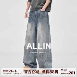 男春秋潮牌高街宽松直筒阔腿长裤 做旧水洗弯刀牛仔裤 子 美式 ALLIN