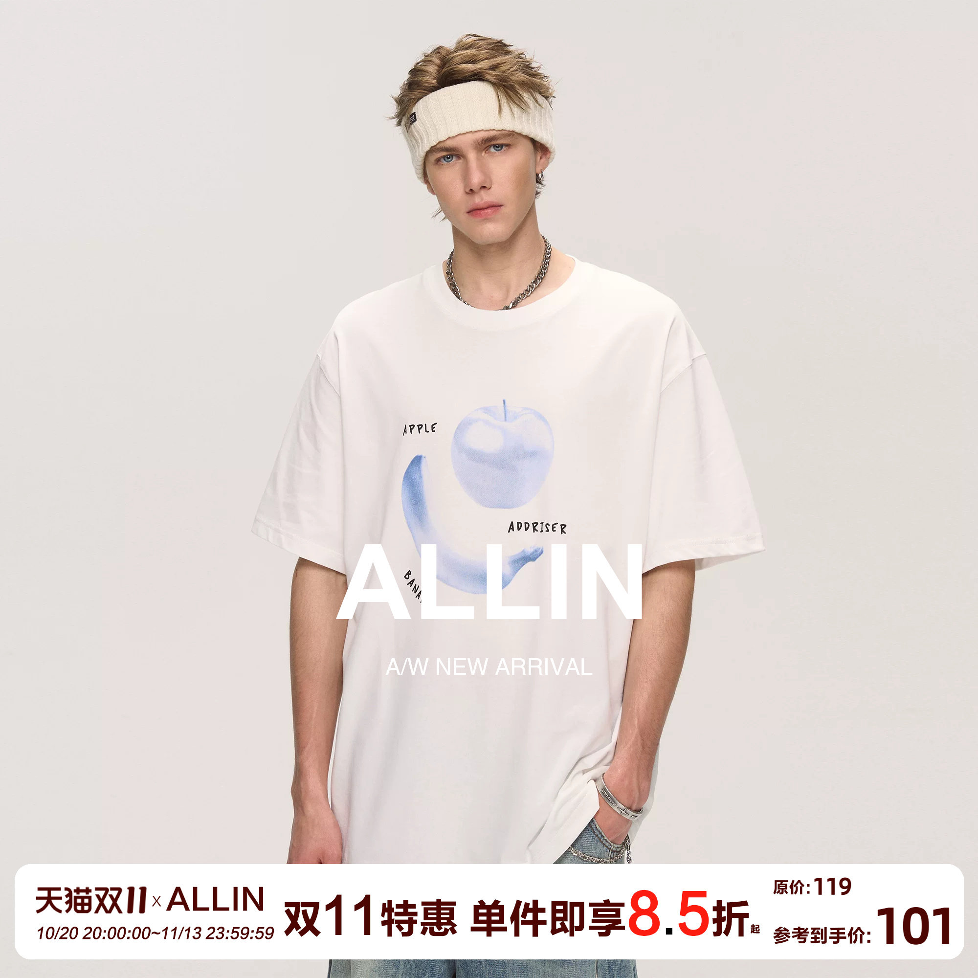 ALLIN 趣味水果印花短袖t恤男夏季重磅纯棉白色体恤情侣半袖上衣