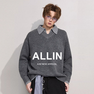 ALLIN 假两件灰色毛衣男春秋季拼接翻领针织衫慵懒风通勤情侣外套