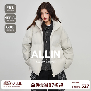 ALLIN 假两件牛仔拼接羽绒服女生冬季短款保暖面包服情侣立领外套