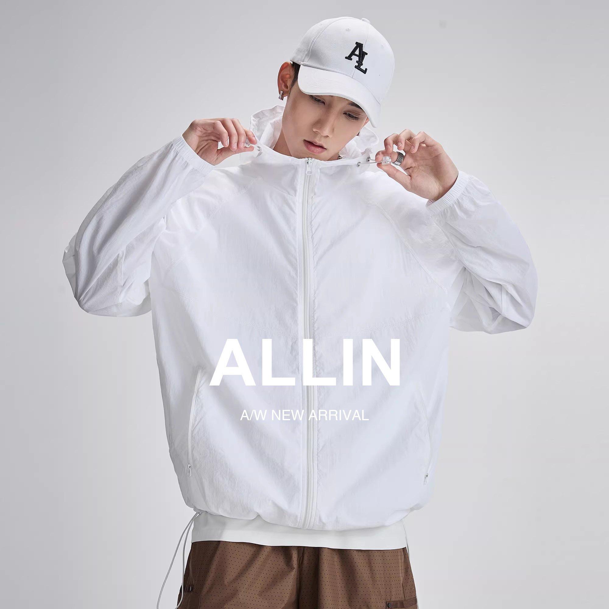 ALLIN 冰丝防晒衣男款夏季轻薄白色防紫外线外套连帽UPF50+防晒服