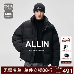 ALLIN 黑色立领羽绒服男冬季加厚保暖面包服情侣短款字母刺绣外套