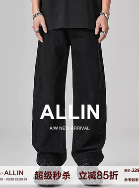 ALLIN 黑色弯刀牛仔裤男美式高街宽松直筒阔腿裤潮牌复古休闲裤子