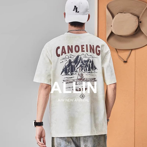 ALLIN美式山水字母印花短袖t恤