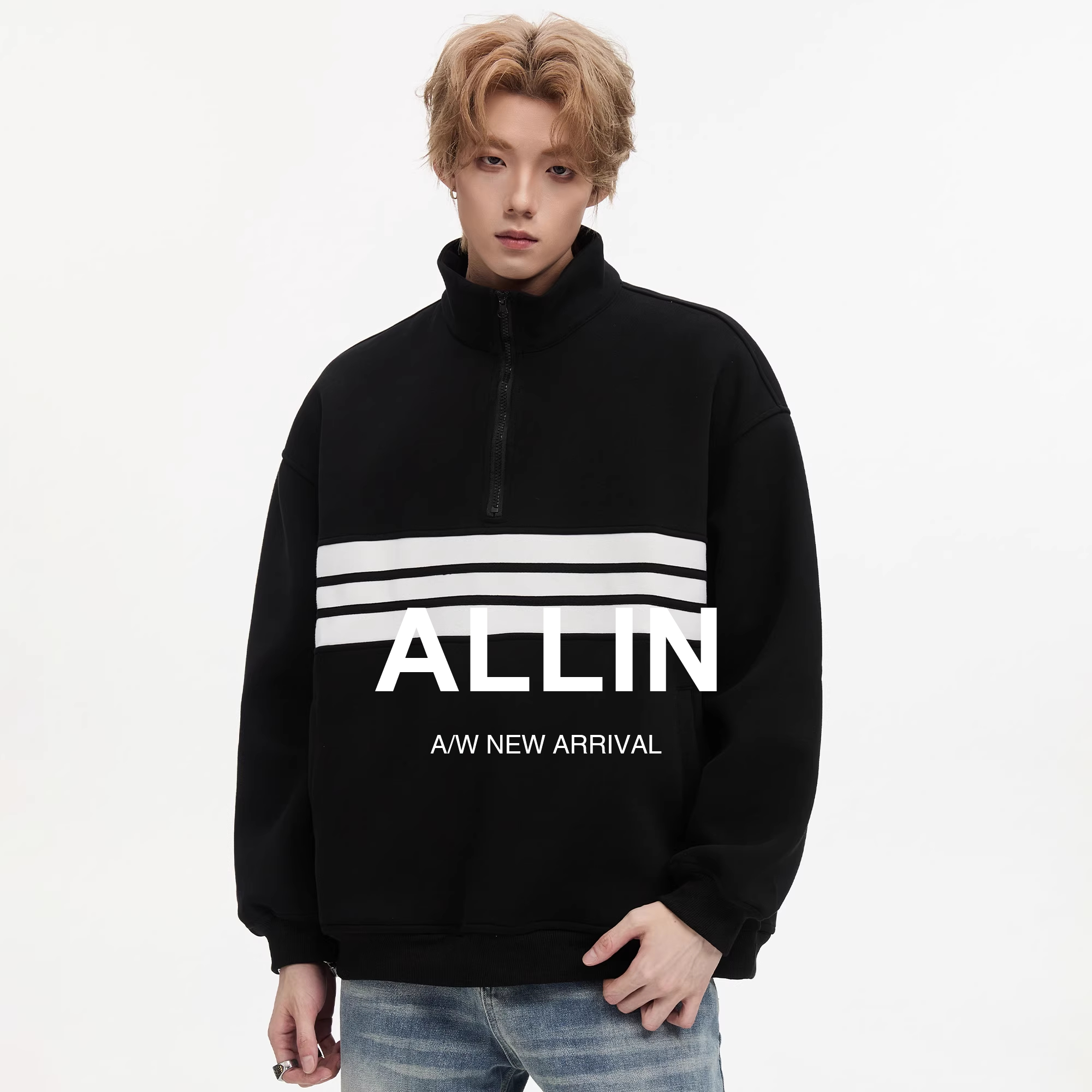 ALLIN 黑色重磅卫衣男生秋季条纹撞色情侣休闲上衣宽松半拉链外套