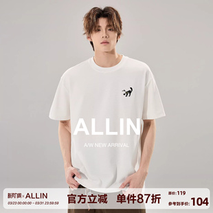 潮牌休闲小猫刺绣体恤情侣重磅上衣 T恤男夏季 ALLIN 白色圆领短袖