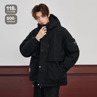 ALLIN 黑色连帽羽绒服男冬季加厚保暖冲锋工装衣夹克情侣潮牌外套