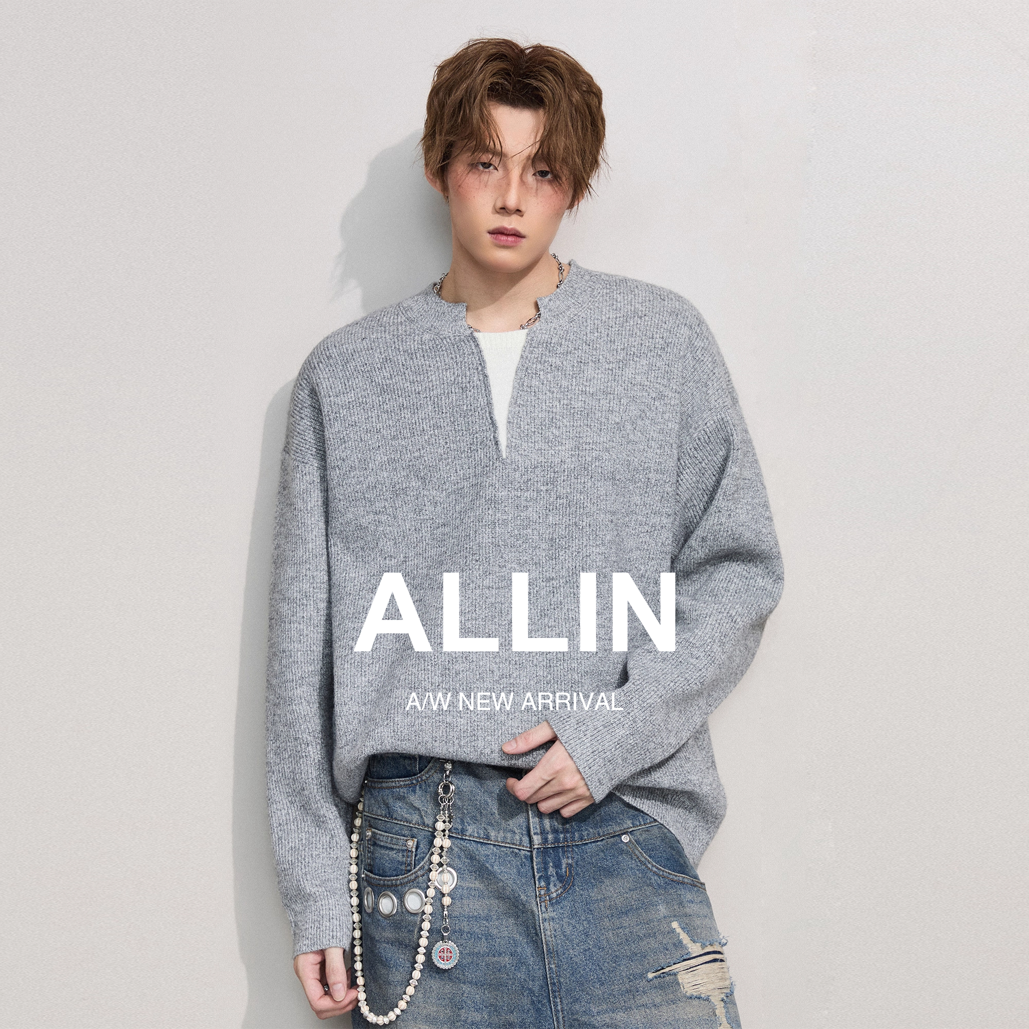 ALLIN 美式V领毛衣男秋冬季潮牌宽松慵懒风高级感情侣打底针织衫