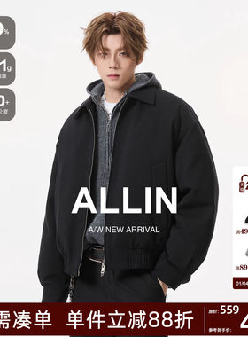 ALLIN 黑色cleanfit翻领夹克羽绒服男生冬季短款廓形保暖情侣外套