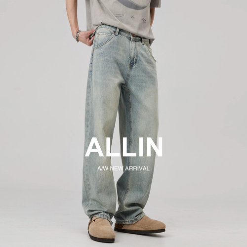 ALLIN 美式复古蓝牛仔裤男夏季宽松直筒水洗垂感潮牌休闲阔腿裤子