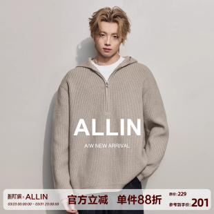 外套 情侣慵懒风休闲针织衫 ALLIN 高级感半拉链连帽毛衣男生春秋季