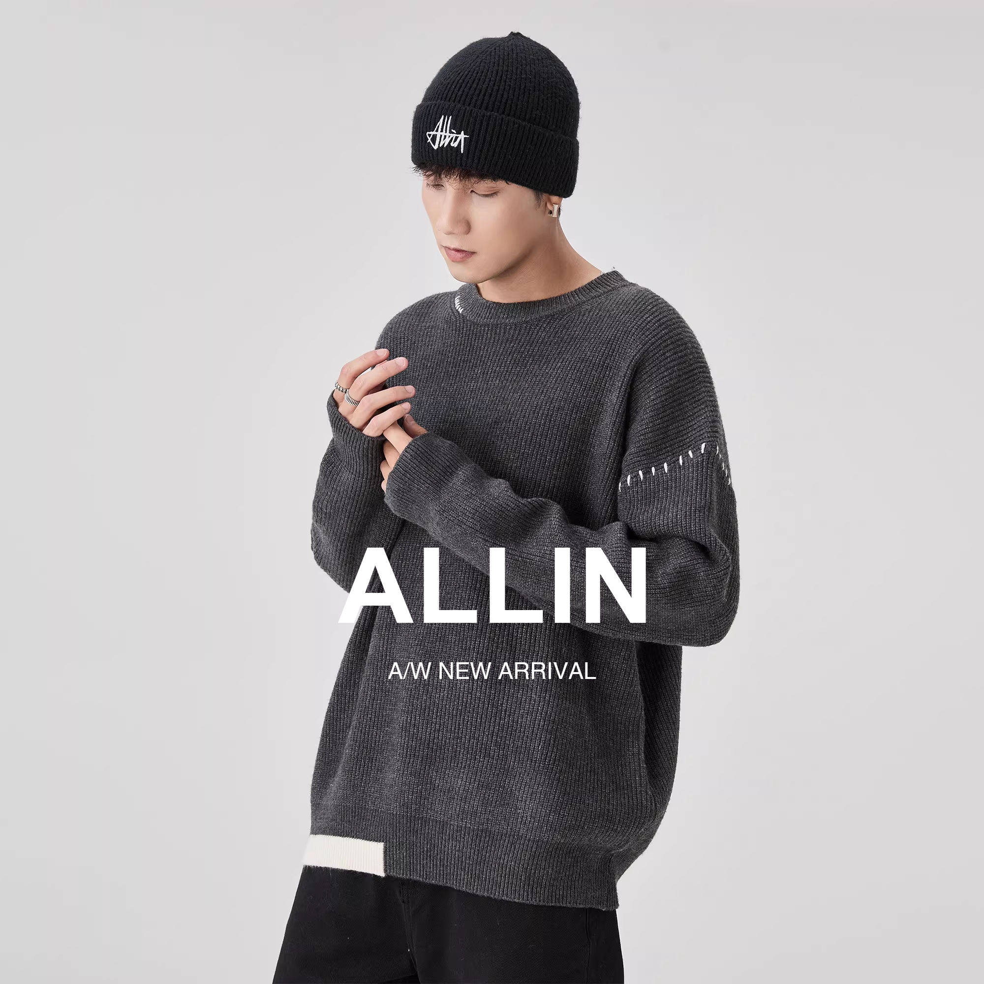 ALLIN 拼接圆领毛衣男秋冬季潮牌慵懒宽松加厚保暖套头打底针织
