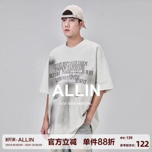 重磅纯棉情侣潮牌半袖 ALLIN t恤男夏季 复古短袖 字母印花上衣 美式