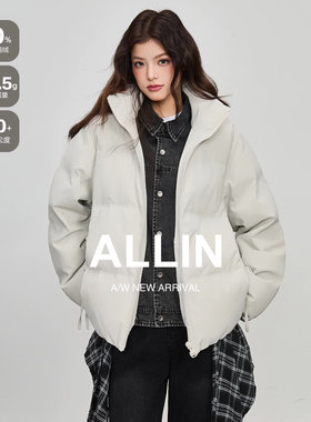 ALLIN 假两件牛仔拼接羽绒服女生冬季短款保暖面包服情侣立领外套