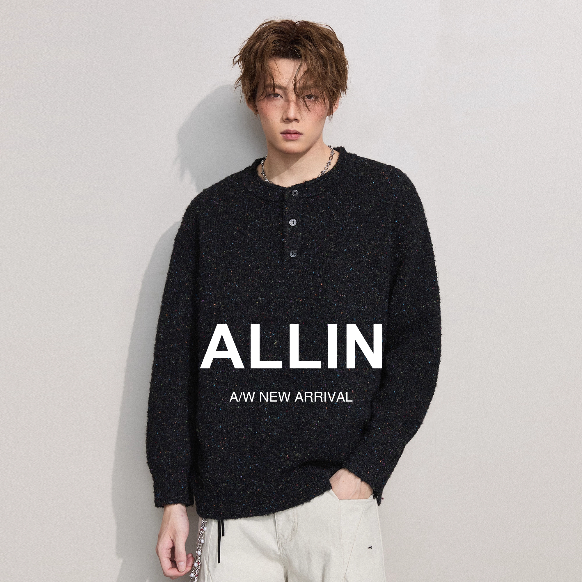 ALLIN 亨利领混色毛衣男秋冬季半纽扣含羊毛情侣慵懒风打底针织衫