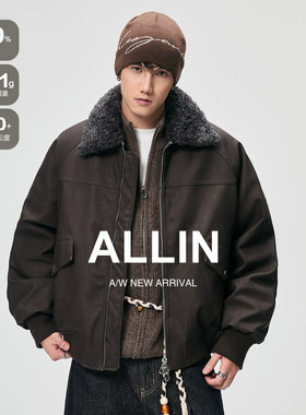 ALLIN 可拆卸毛领皮衣羽绒服男冬季防风保暖PU皮夹克情侣翻领外套
