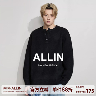 慵懒风含绵羊毛情侣外套 美式 ALLIN 亨利领半开襟黑色毛衣男春秋季